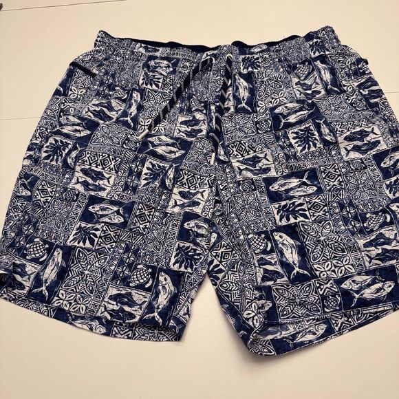 Lands’ End Mens  9” Volley Swim Trunks Shorts Navy Fish‎ Block Print Sz XL - Picture 1 of 13